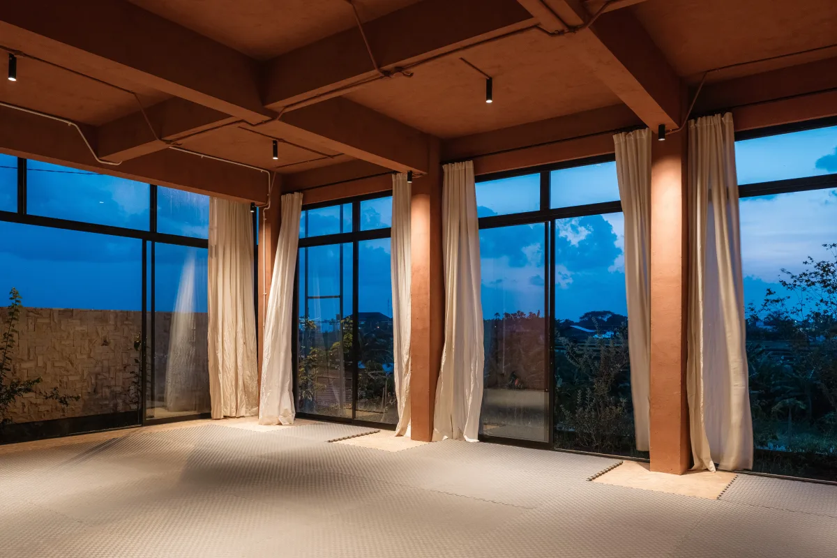 Movement arts practice room at VedicPath with padi field views